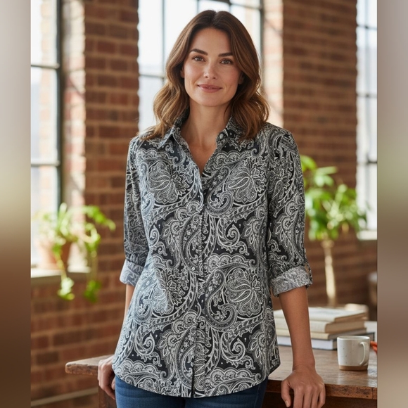 Lauren Ralph Lauren Paisley Button Up Top Women's 2X Black & White Non- Iron - Picture 7 of 7